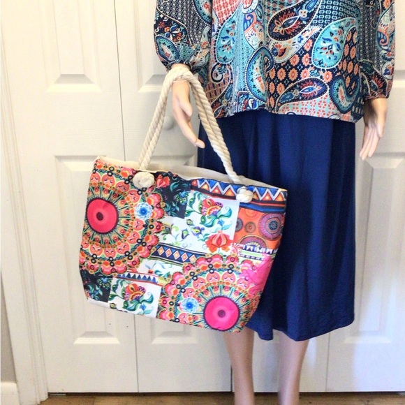 Boho Geometric Tile Print Ethnic Large Canvas Shoulder Bag Tote - Picture 6 of 10